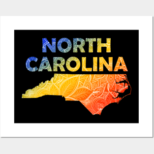 Colorful mandala art map of North Carolina with text in blue, yellow, and red Posters and Art